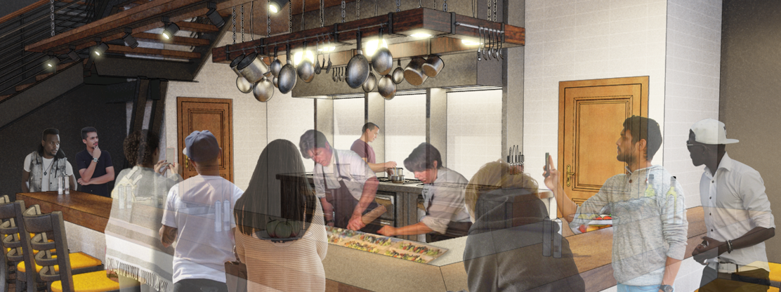 Rendering of a cafe space, with transparent individuals placed around the counter.