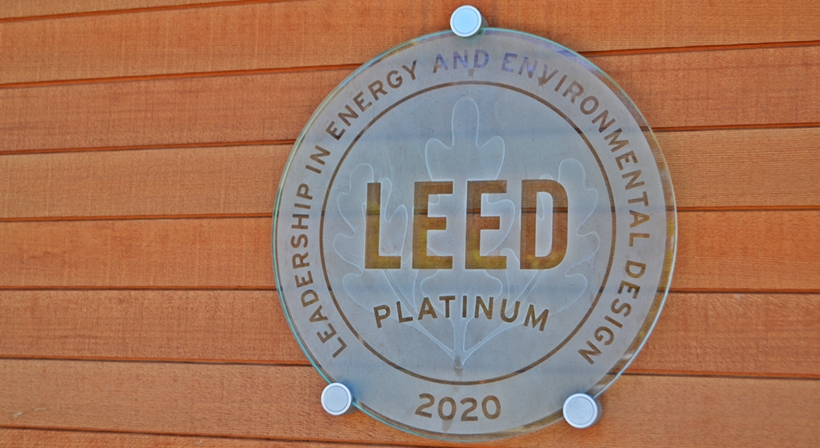 Photo of the LEED Platinum certification marker on HopeWorks Station North.
